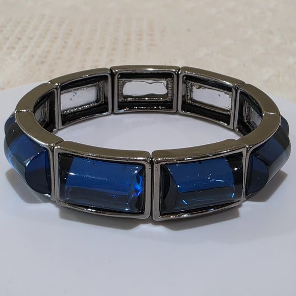 Navy Blue Dome Stones Charcoal Gray Link Stretch Modern Fashion Bracelet - Picture 5 of 12